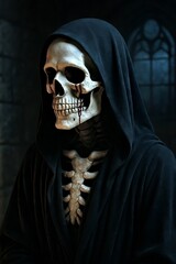 saint of rot. Gothic Skeleton Figure with Veil in Cathedral
A realistic 3D rendering of a skeletal figure in a dark hooded cloak, subtly weeping blood. The scene evokes a sacred . 