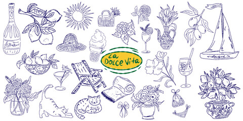 Whimsical hand drawn sketch set inspired by Mediterranean lifestyle. Includes food, drinks, flowers, summer decor and travel elements. Perfect for branding, packaging, prints, and stickers.