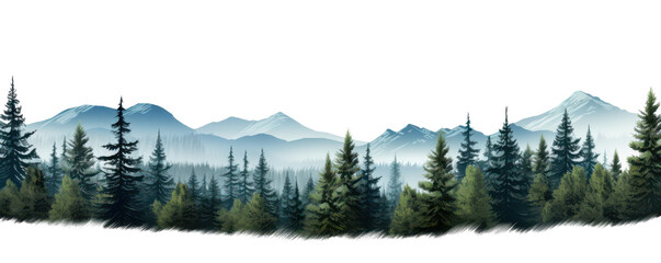 dark mountain hills landscape with pine spruce trees in foreground isolated on white or transparent png