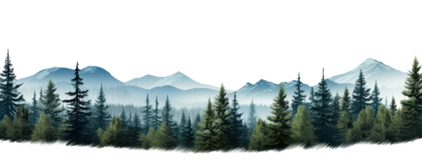 dark mountain hills landscape with pine spruce trees in foreground isolated on white or transparent png