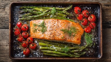 Roasted salmon fillet garnished with dill, served with grilled asparagus and cherry tomatoes on a rustic baking tray.