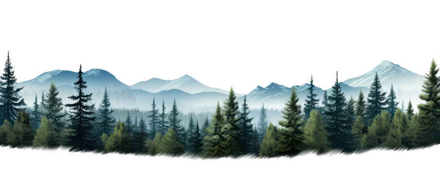 dark mountain hills landscape with pine spruce trees in foreground isolated on white or transparent png