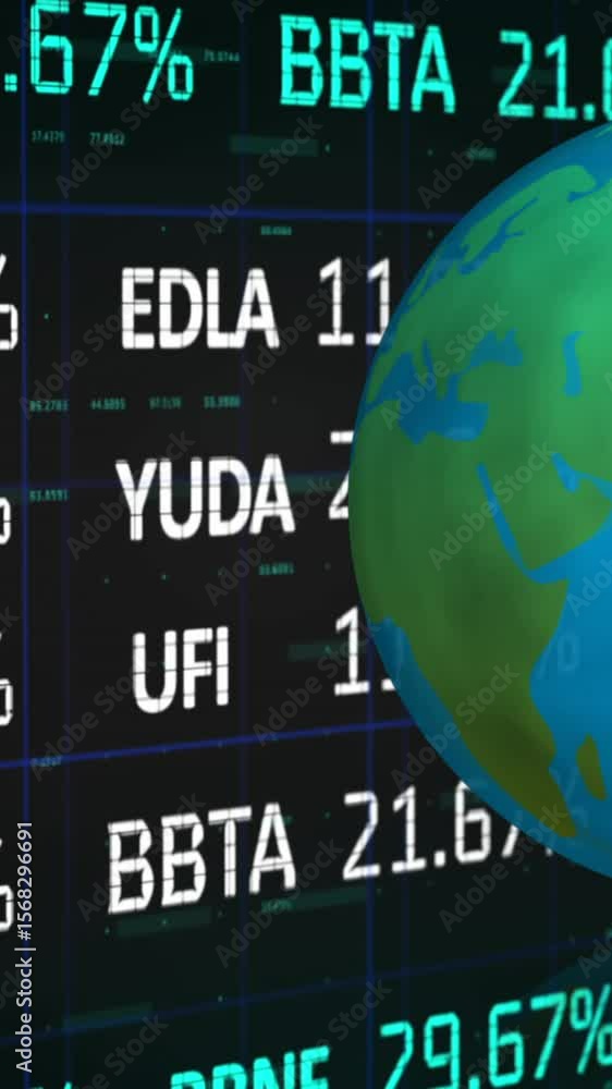 Poster globe spinning against stock market data processing
