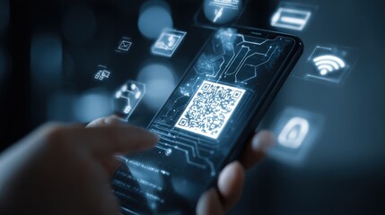 A hand interacts with a smartphone displaying a digital QR code, surrounded by floating technology and data icons in a dark, futuristic setting.