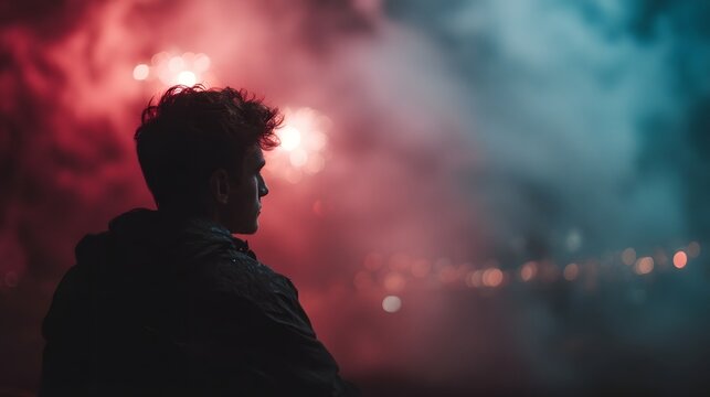 Pensive man gazing at mesmerizing fireworks display alone at night
