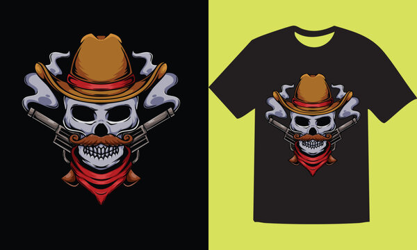 Skull cowboy with guns and mustache wearing hat and bandana vector