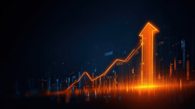 A glowing orange upward arrow graph symbolizes business growth and financial success on a dark digital background.