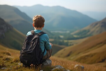 Rear view of a boy looking at mountain landscape, Wales