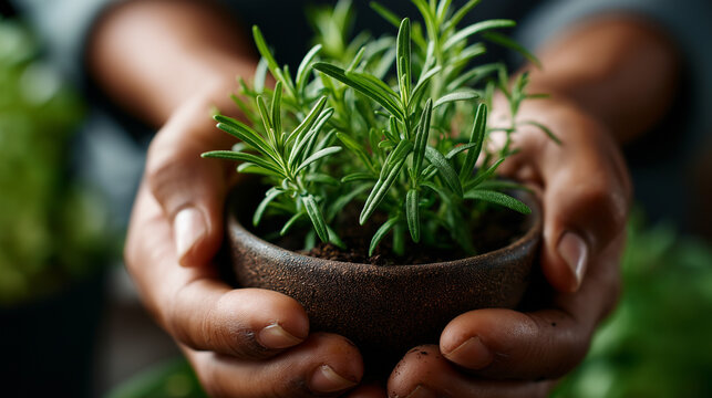 Zarte gr&uuml;ne Pflanze wird behutsam in sch&uuml;tzenden H&auml;nden gehalten
