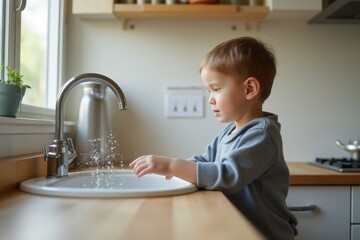 Baby boy touching running water at kitchen sink