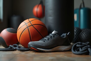 basketball, punching bag, and running shoes on the floor alongside other balls and athletic equipment,stufio shot