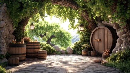 Serene outdoor garden scene with large tree, lush greenery, stone pathway, barrels, and rustic wooden door under canopy of vibrant leaves