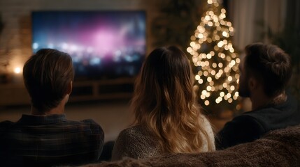 Friends watching live countdown on TV in cozy living room
