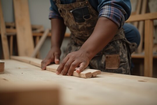 Midsection of African American mature carpenter planing plank in workshop