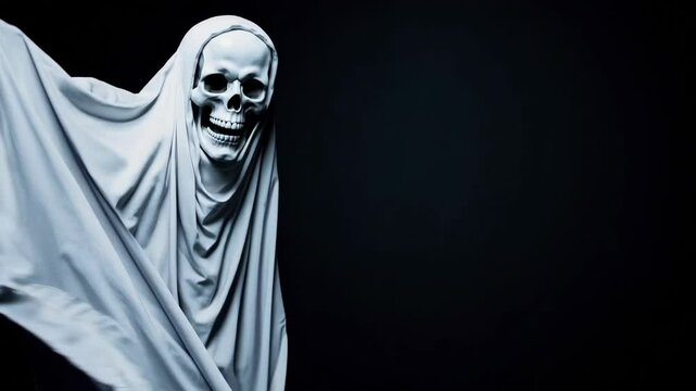 ghost evil skull figure white shroud floating dark background halloween horror spooky spectral apparition scary ethereal entity haunted motion video