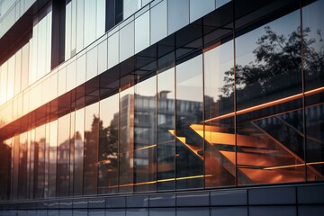 Glass facade of a modern office building reflecting warm sunset light and an illuminated staircase, showcasing contemporary architecture