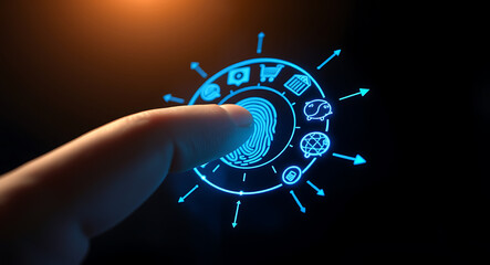 Fingerprint scan with digital icons and orange glow technology