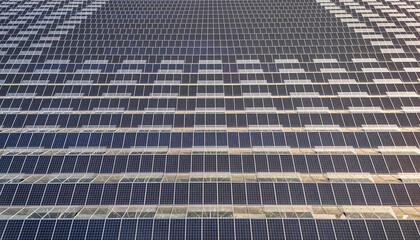 Sustainable greenhouse with rooftop solar panels bathed in morning sunlight for eco-friendly vegetable farming and renewable energy generation in a dual-use agricultural system.