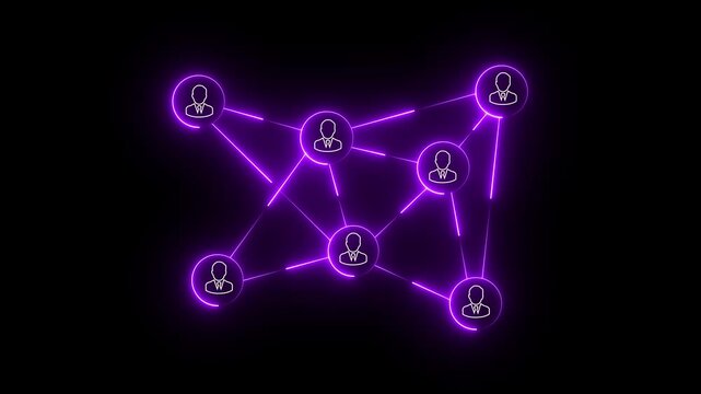 Multi function for Agentic technology motion background. Joint team, teamwork Group Action Movement of network of connections with people icons on neon line. Job meeting symbol. on black background.