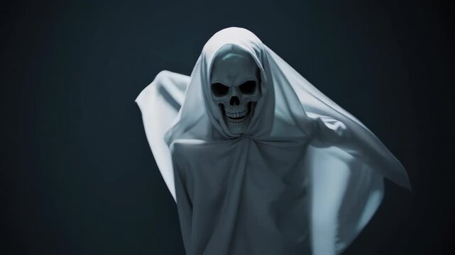 ghost evil skull figure white shroud floating dark background halloween horror spooky spectral apparition scary ethereal entity haunted motion video