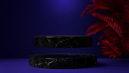 Marble Podium with Red Palm Leaves on Dark Blue Background for Product Display.