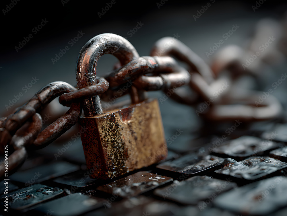 Poster chain with lock on computer keyboard. it means laptop banned or internet banned. symbol of computer 