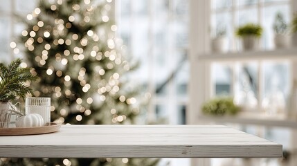 A simple white wooden tabletop in front of a blurred Christmas tree
