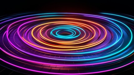 Fototapeta premium Colorful, neon-lit circle with a dark background. The circle is surrounded by a series of bright, colorful lights