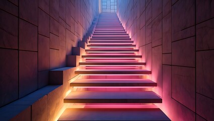 Fototapeta premium Illuminated Stairs Ascending Through a Modern Concrete Architectural Space Featuring Vibrant Neon Pink and Orange Lighting Enhancing the Staircase Design and Ambiance