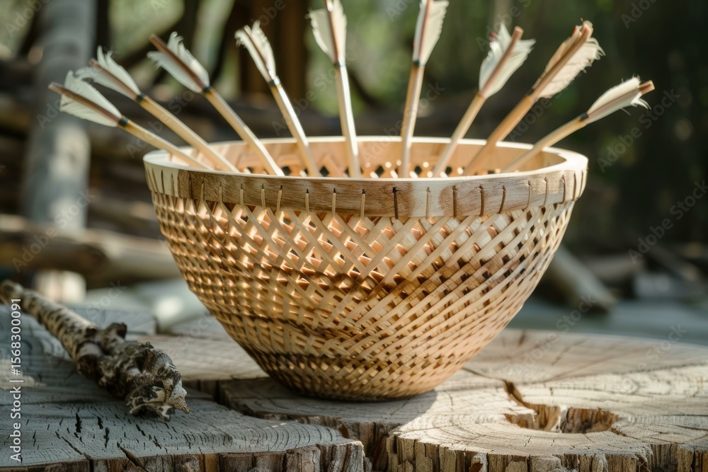 Poster multiple wooden arrows hitting a wicker basket target in the forest during an archery practice sessi