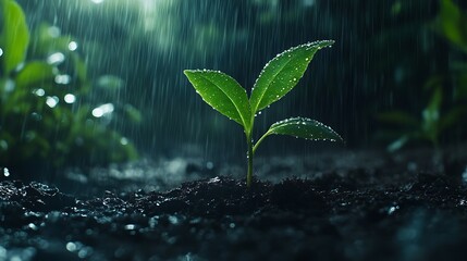 New Life: Fresh Sprout Emerging from Dark Soil, Receiving Rain's Blessing and Embracing Natural Renewal.
