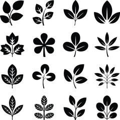 Collection of black and white leaf vector illustrations for nature and botanical design