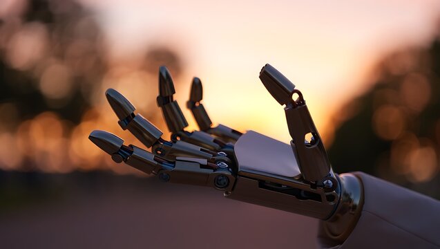 A futuristic robotic hand opens and reaches outwards towards the warm glow of a setting sun casting long shadows on a blurry natural background signifying progress and connection