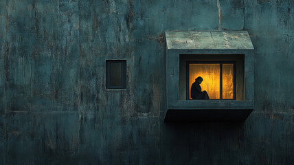 Lonely figure silhouetted in warmly lit window against dark textured building exterior at night