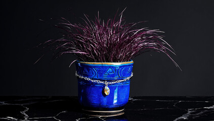 Decorative Blue Pot with Purple Grass and Ornamental Necklace Against Dark Background