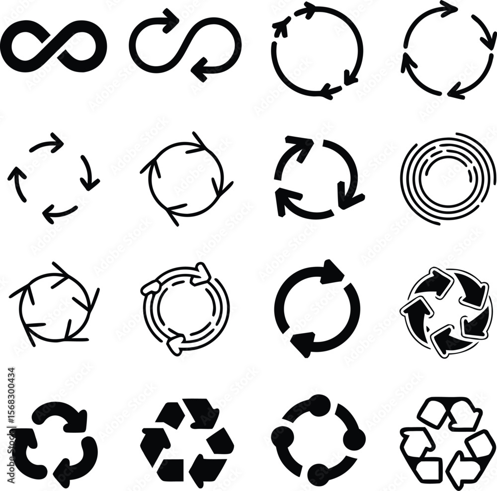 Poster collection of various arrow icons and symbols representing concepts like recycle and infinity