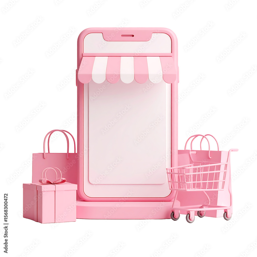 Poster pastel pink 3d shopping app icon with empty interface and rounded corners on transparent background