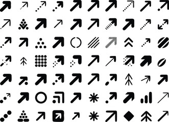 Collection of various minimalist black and white arrow symbols pointing to the upper right