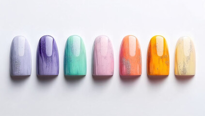Set of nail tips with sparkling rainbow pastel color gradient for manicure art.