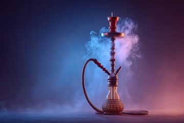 A hookah, or water pipe, in a studio setting, bathed in vibrant blue and reddish hues. Thick smoke billows around the intricate metal and glass apparatus