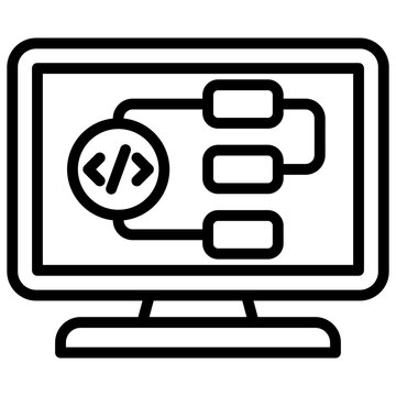 Visual Flow Outline Icon Vector Design - computer monitor displaying a logic or flowchart block with code, used for planning software logic