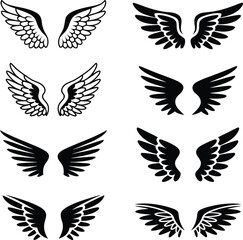 Eight stylish wing designs in black and white representing freedom and spiritual concepts