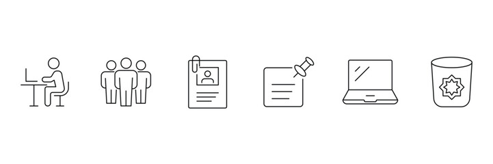 Office Workplace icon set. Office, remote working, meeting, co-worker, workspace, desk, computer, business icons and more. Vector illustration.