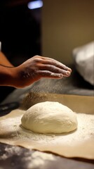 Chef sprinkling flour on dough for pizza or bread making
