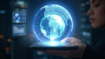Woman Holding Holographic Globe on Phone: Futuristic Technology and Global Connection. - Powered by Adobe