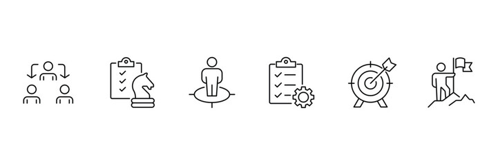 Business strategy web icons. Successful business development, plan and process symbol. Action List, research, solution, team, marketing, business process, management. Vector illustration.