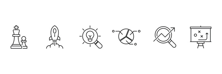 Business strategy web icons. Successful business development, plan and process symbol. Action List, research, solution, team, marketing, business process, management. Vector illustration.
