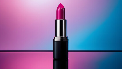 Fuchsia Lipstick on Reflective Surface with Pink Blue Gradient Background – Bold Cosmetic Product Shot