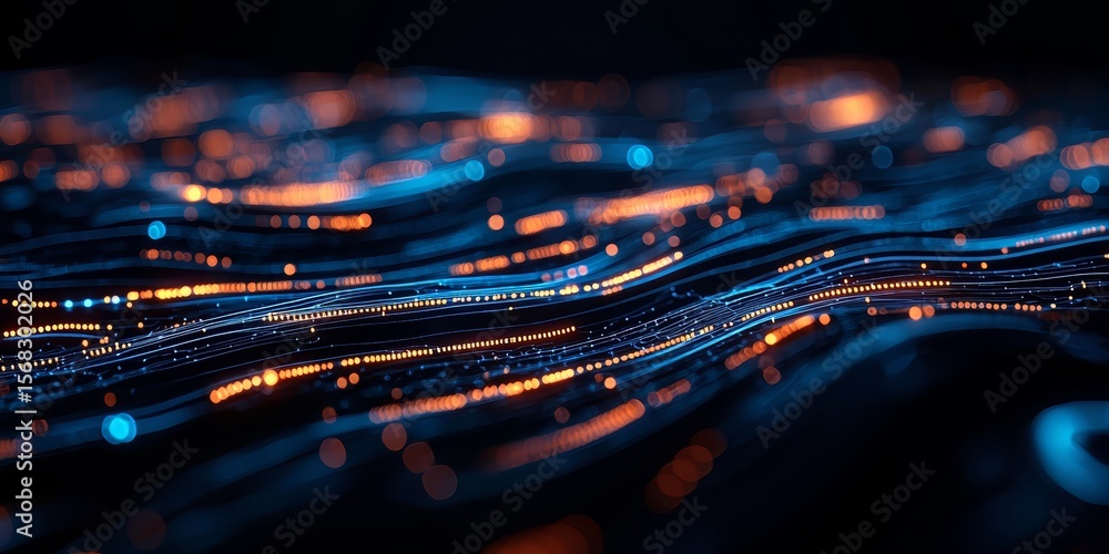 Poster computer generated image of a wave with orange and blue lines. the image has a futuristic and abstra