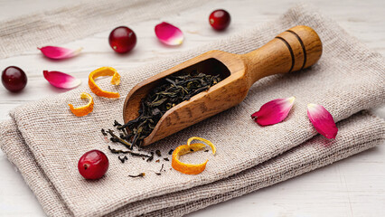 Black tea in wooden scoop with cranberries, orange peel and rose petals.